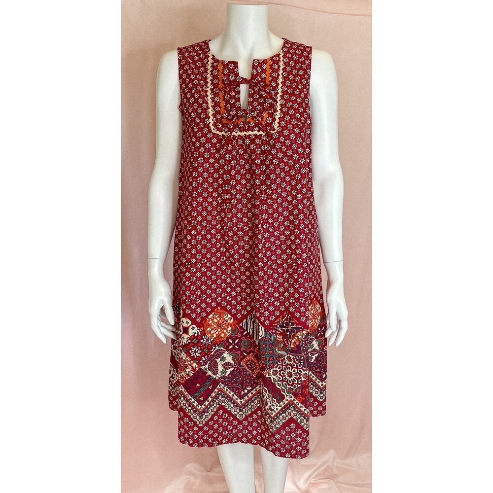 VINTAGE 1960's Bohemian Red Patchwork Ric Rac Dress SMALL - Picture 5 of 16